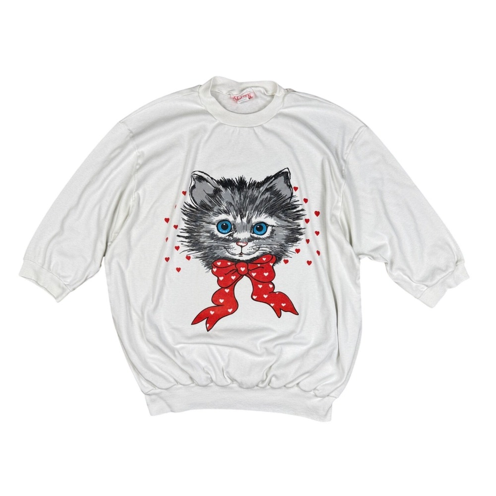 Vintage Kitten Graphic Sweatshirt Women's Medium White 80s Bow 3/4‎ Sleeve